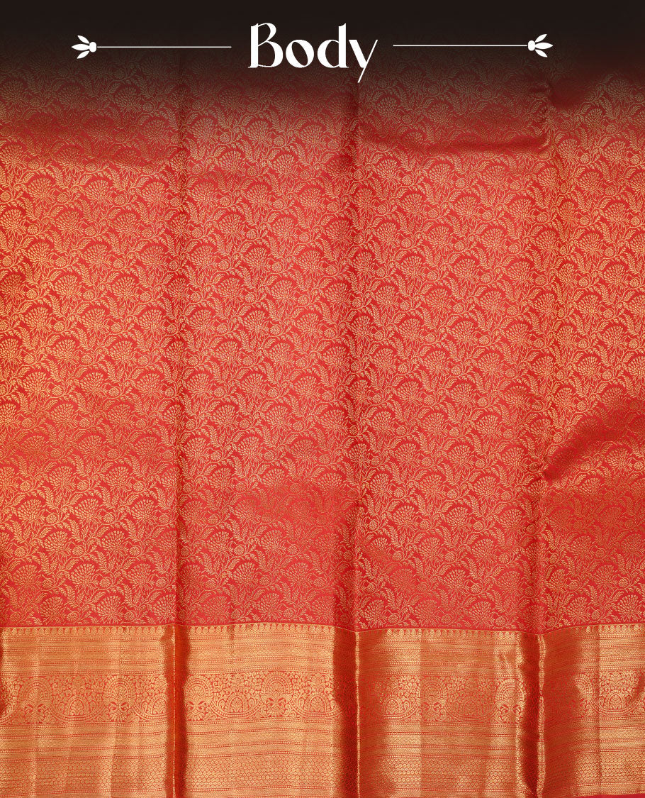 Red colour kancheepuram silk saree featuring gold zari pattern across body, complemented by selfcolour border traditional zari border, paired with matching blouse piece.