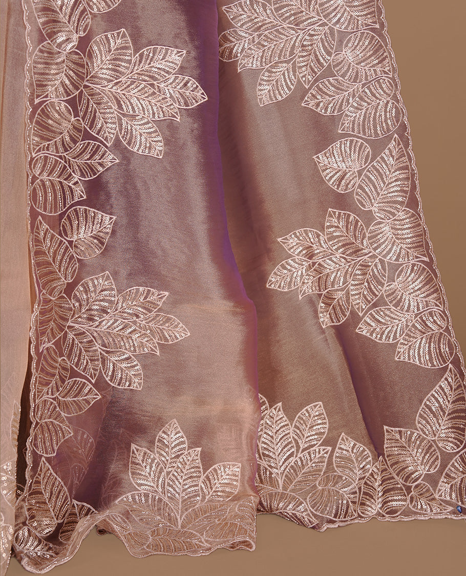 Lavender & gold double shade organza saree featuring thread & cut beats, sequins leaf pattern on body, highlighting scalp border, paired with matching blouse piece.