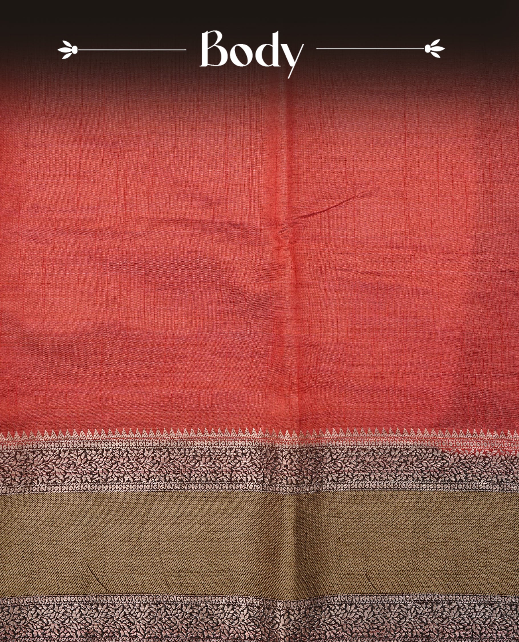 Red Tussar saree featuring Gold zari buttas on body, complemented by contrast Black & olive Colour with Gold zari border, comes with matching blouse piece.