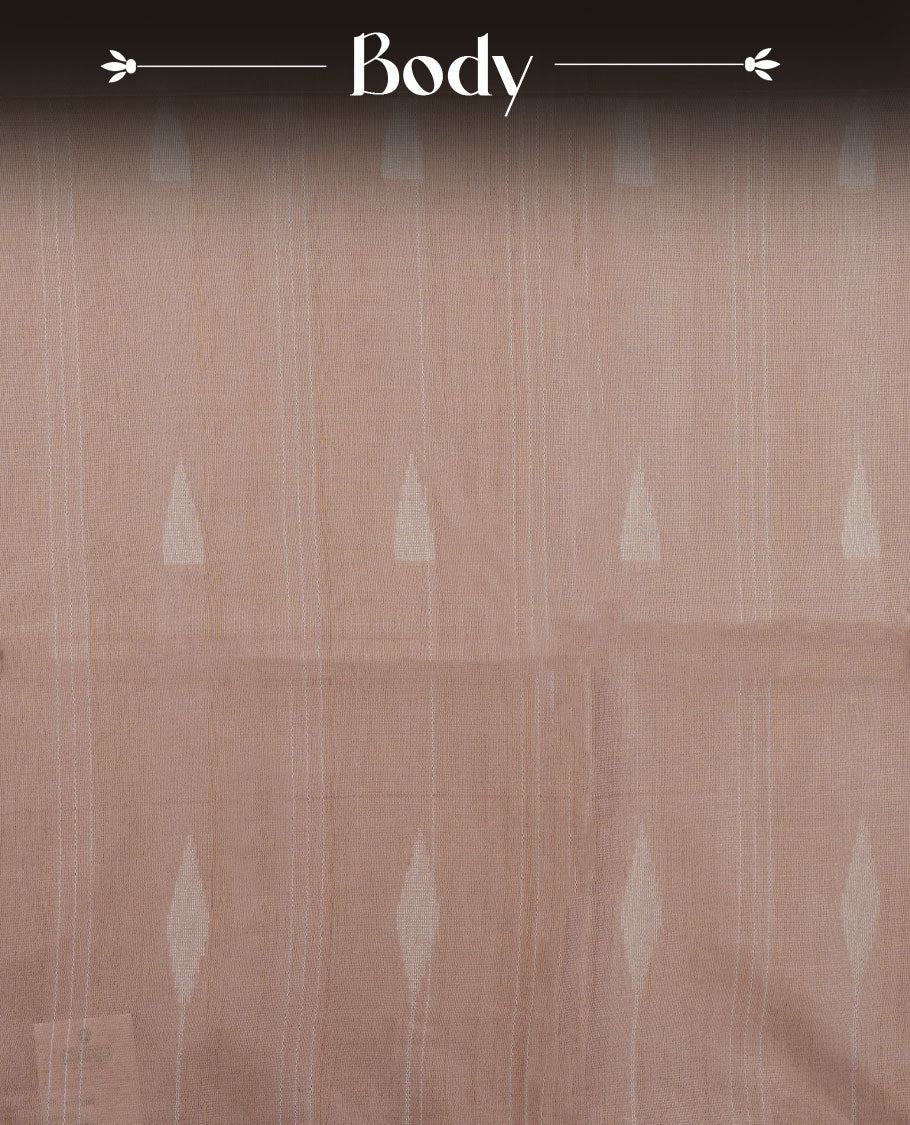 Light lavender colour semi jute saree highlighting gold zari stripped body with white motifs, without border and paired with matching blouse.