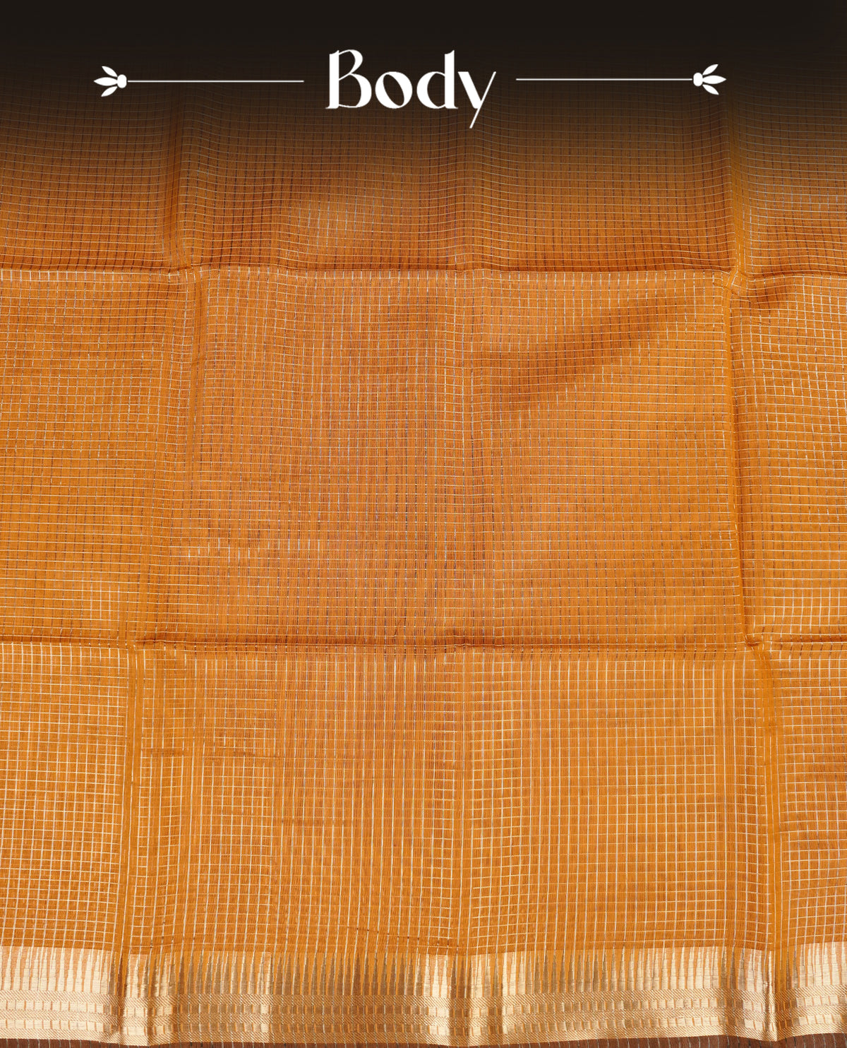 Mustard yellow colour Maheshwari cotton saree, gold zari small checks on body, complement self colour gold zari temple design border comes with matching blouse.