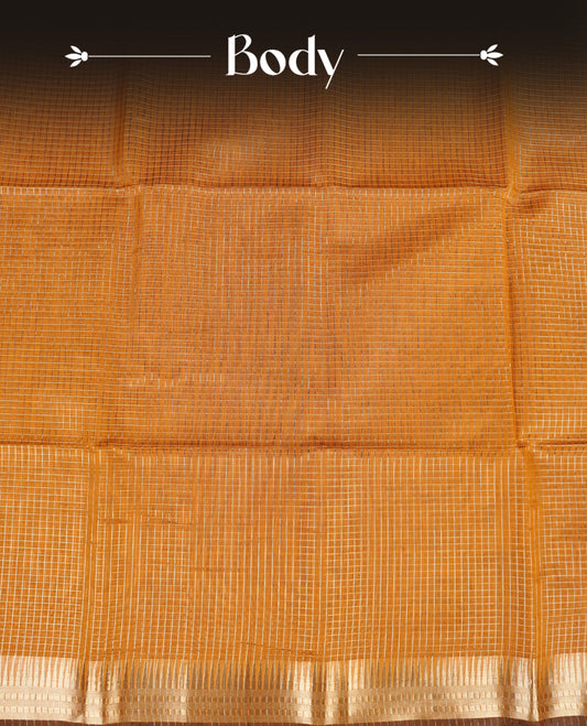 Mustard yellow colour Maheshwari cotton saree, gold zari small checks on body, complement self colour gold zari temple design border comes with matching blouse.