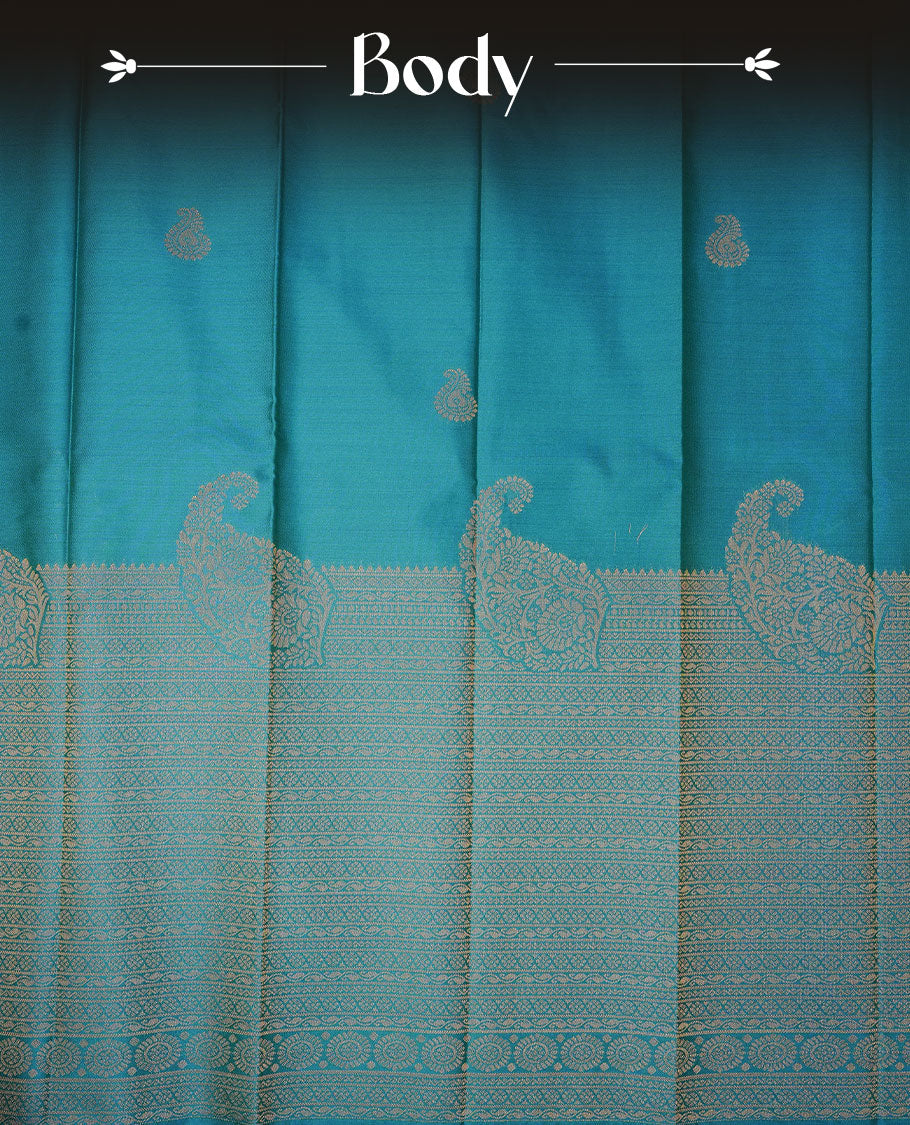 Olive & blue double shade colour soft silk saree featuring Gold zari motifs on body, complemented by self colour with traditional border, paired with matching contrast blouse piece.