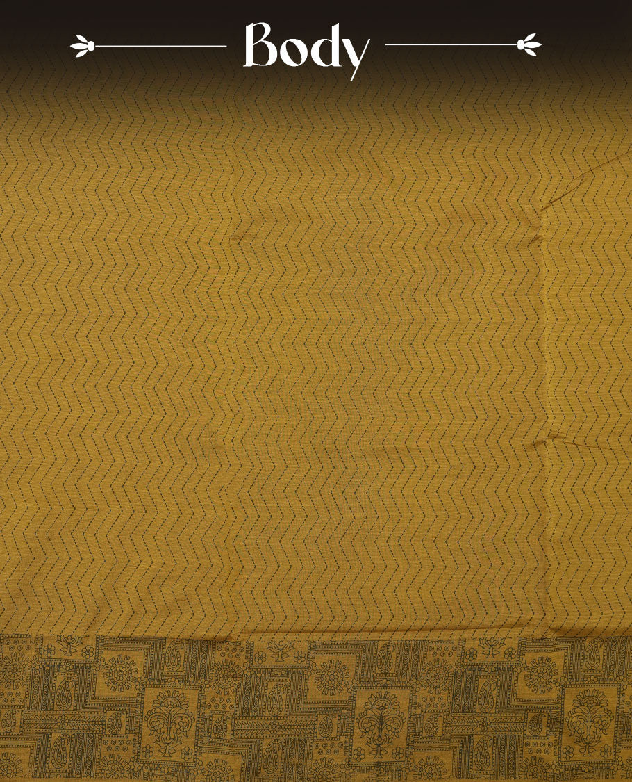 Dark Mustard Yellow Poly Cotton Saree with Black Zigzag Body Pattern, Matching Pallu in Black Chevron Lines & Panelled Floral-Paisley Design, and Coordinated Floral Paisley Printed Blouse Piece.