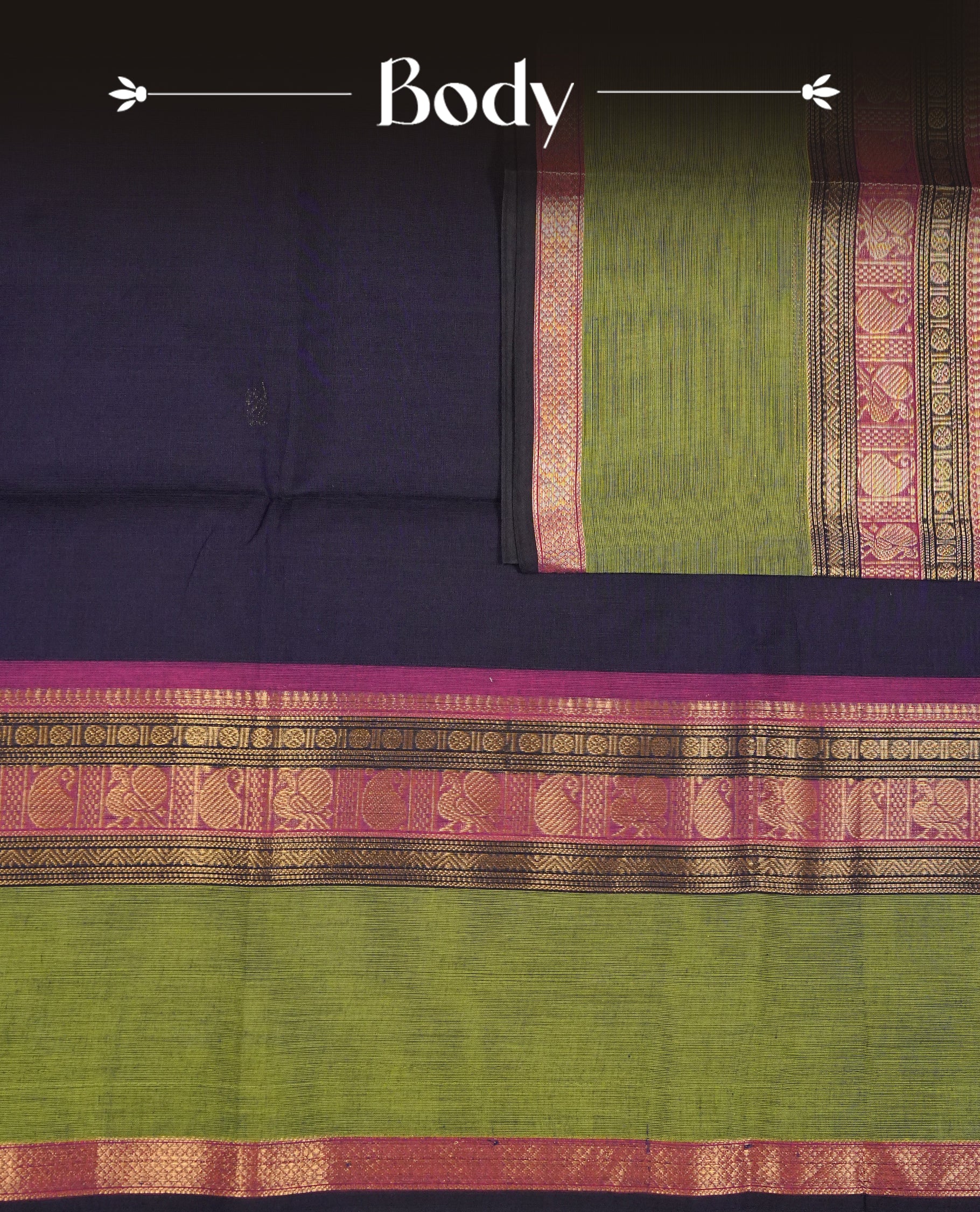 Navy Blue colour chettinad cotton saree featuring gold zari motifs on body, Contrast magenta & green colour with Gold zari border, comes with matching blouse piece.