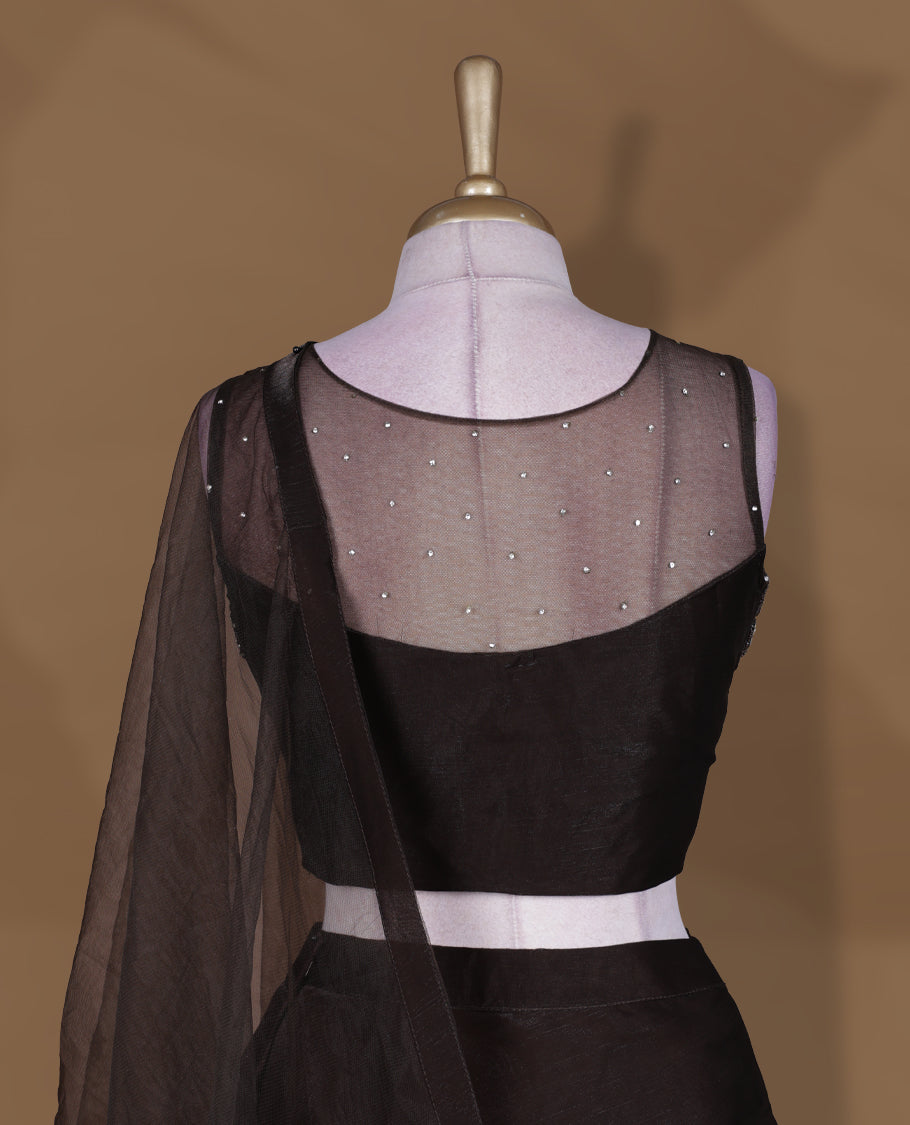 Chocolate brown colour lehenga set with stitched sleeveless embellished yoke blouse featuring sheer neckline, matching stitched flared lehenga, and plain sheer dupatta.