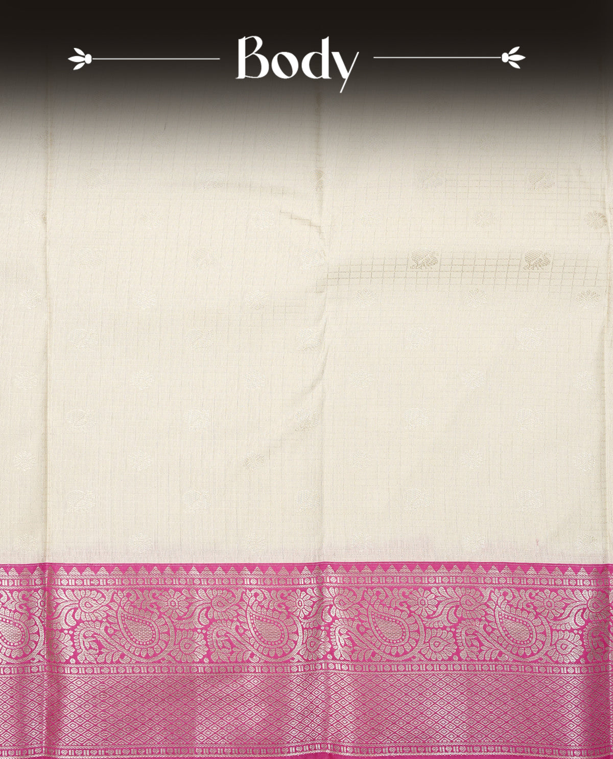 Cream colour semi wedding saree featuring light gold zari check with motifs on body complemented by contrast magenta colour with traditional border, comes with matching blouse piece.
