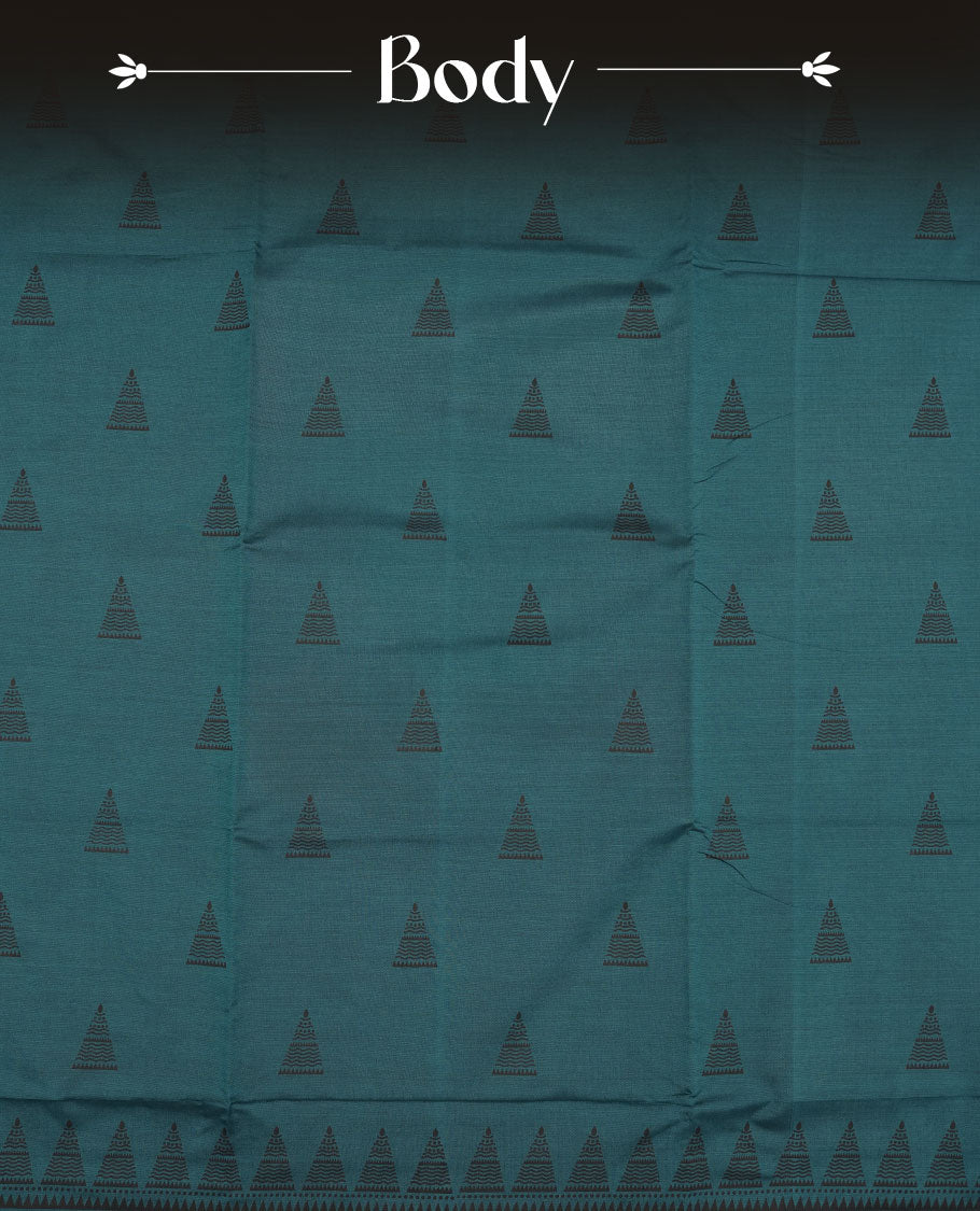 Dark Teal Green colour poly cotton saree with black temple motifs on the body, paired with a matching with black woven traditional border, and a coordinated all‑over geometric printed blouse piece.