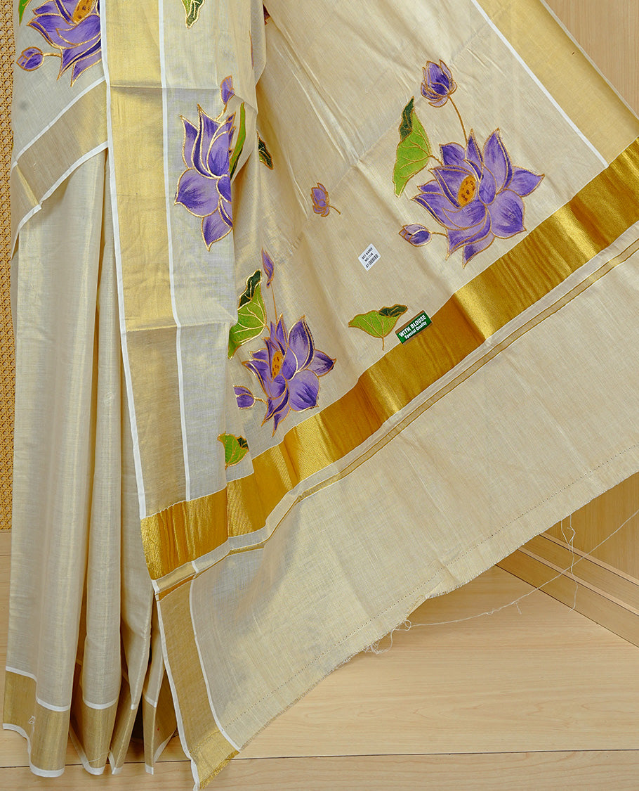 Cream colour Tissue kerala saree featuring Embroidery buttas on body, complemented by Floral thread work with Print & kasavu kara, comes with matching blouse piece.