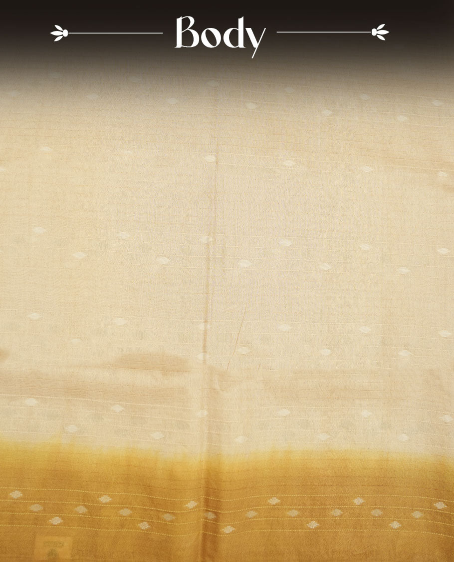 Cream & yellow dye pattern colour semi jute saree highlighting white stripped body, without border and paired with matching blouse.