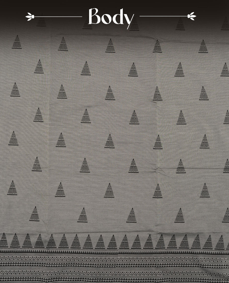 Gray colour poly cotton saree with black temple motifs on the body, paired with a matching with black woven traditional border, and a coordinated all‑over geometric printed blouse piece.