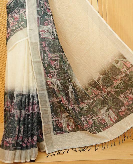Off white Semi Linen Saree featuring One side Grey Indian Cultural Painting print, silver tissue border, comes with Matching blouse piece with same unique Pattern.
