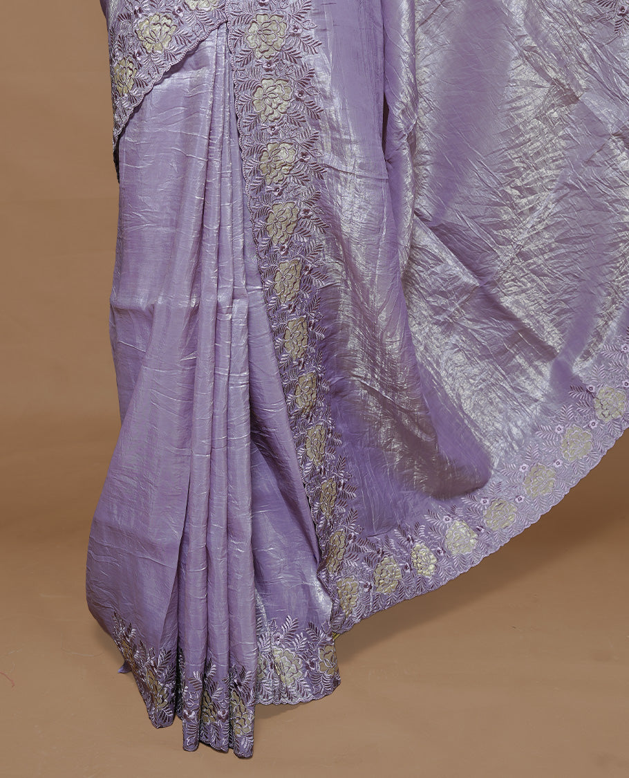 Pastel purple colour Crush Organza Featuring Plain body, Enrich with Floral thread pattern & scalp border, paired with matching blouse piece.