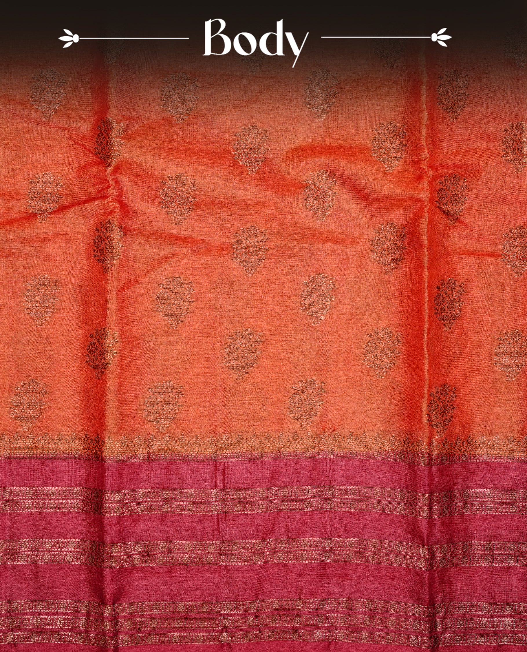 Rust orange colour pure tussar Banaras silk saree featuring elegant gold zari motifs across the body, complemented by a contrast red border with rich zari detailing. Comes with a matching blouse piece