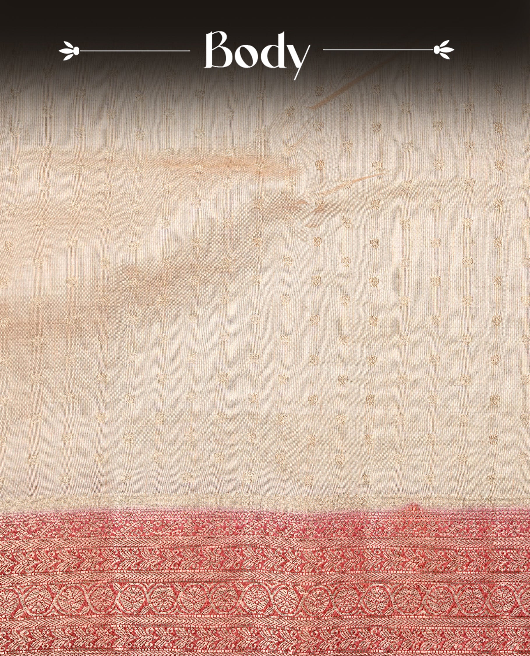 Light gold tussar saree featuring gold zari Buttas, complemented by contrast Red colour with Gold zari traditional border, paired with matching blouse piece.