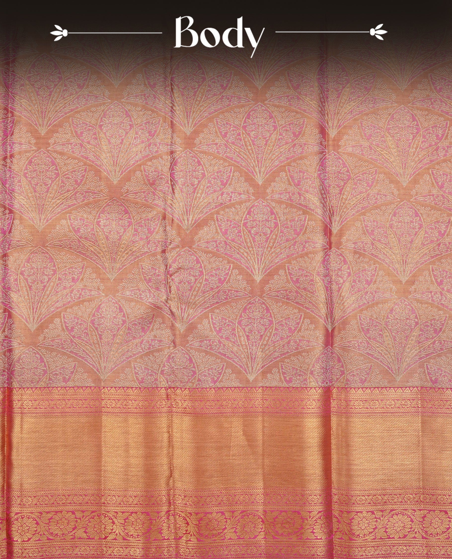 Pink & Gold double shade colour Tissue silk saree featuring Pattern on body, complemented by self colour with Gold Zari border, comes with matching blouse piece.