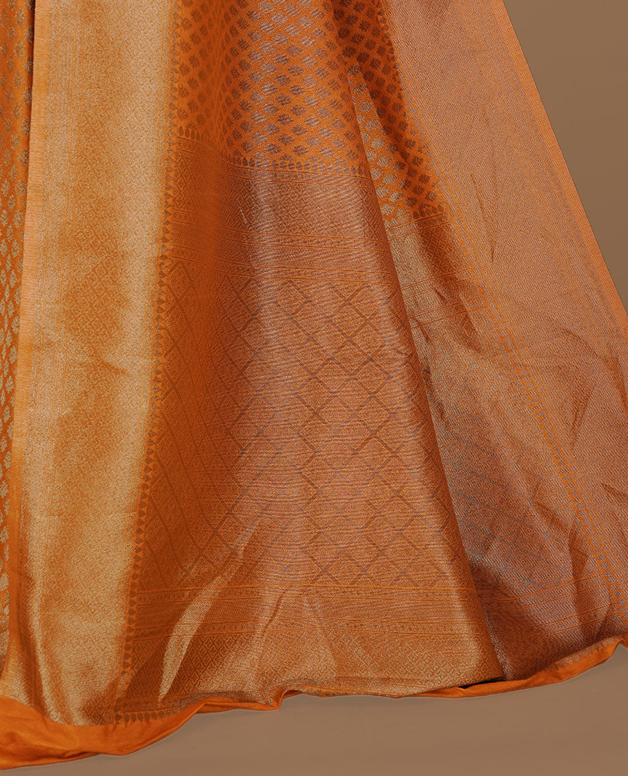 Orange colour semi banaras katan saree featuring Antique zari motifs on across body, complemented by self colour zari border, paired with matching blouse piece.