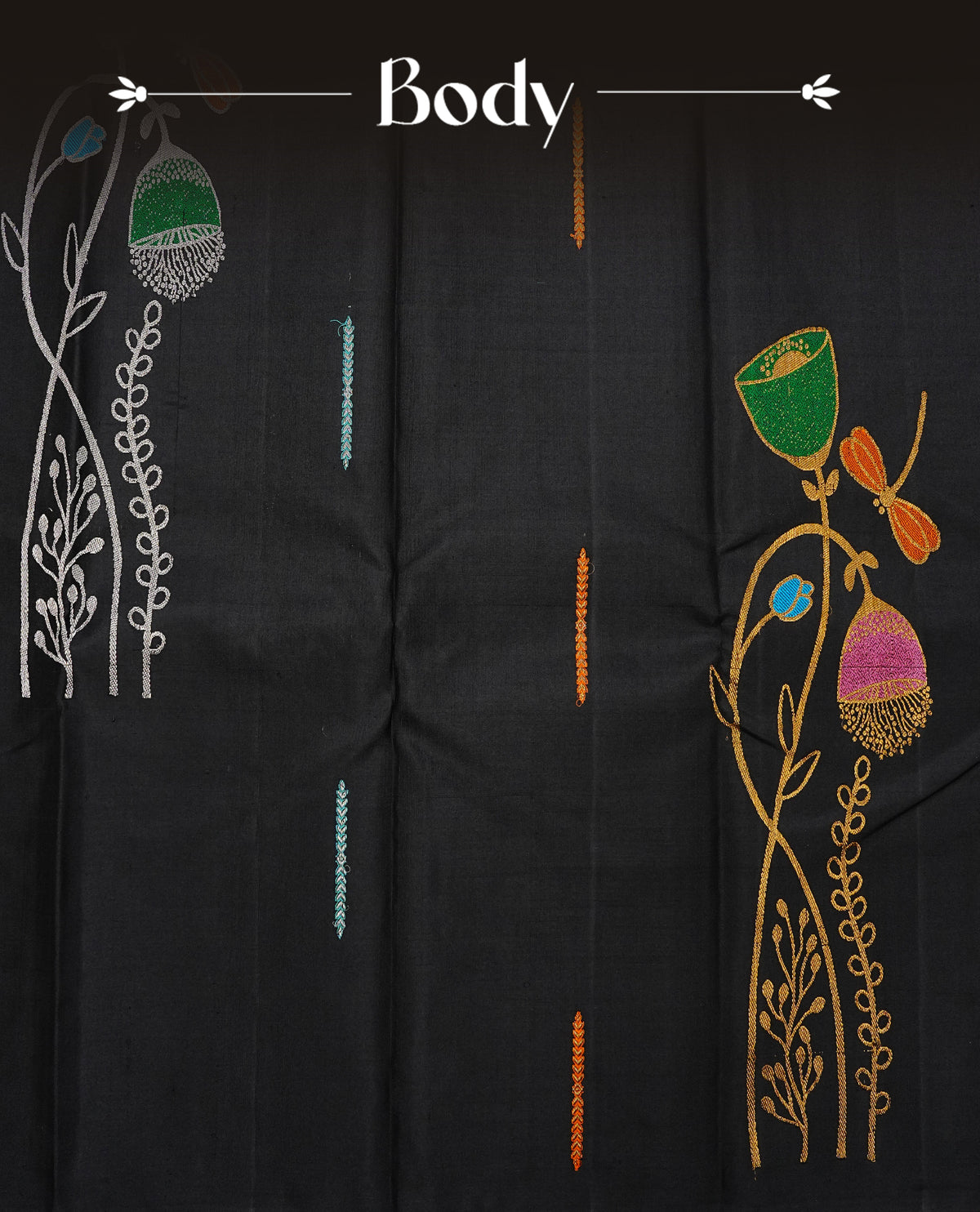Black Colour Traditional Kancheepuram Saree featuring elegant multicolour floral vine embroidery on the body, complemented by a rich gold zari woven pallu with Peacock and geometric motifs, paired with a matching blouse piece.