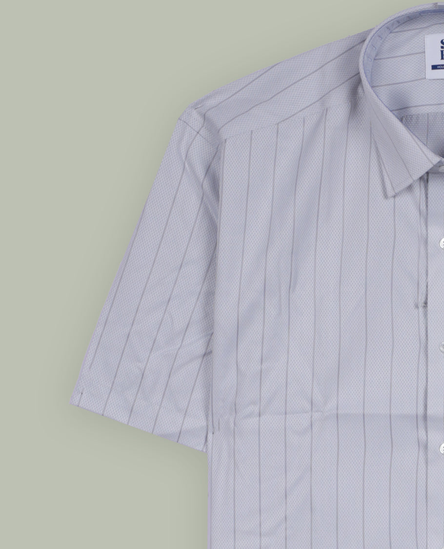 Light grey colour short sleeve shirt featuring an intricate vertical stripes, Made from smooth, lightweight fabric with a subtle sheen. Includes a classic collar and button down front.