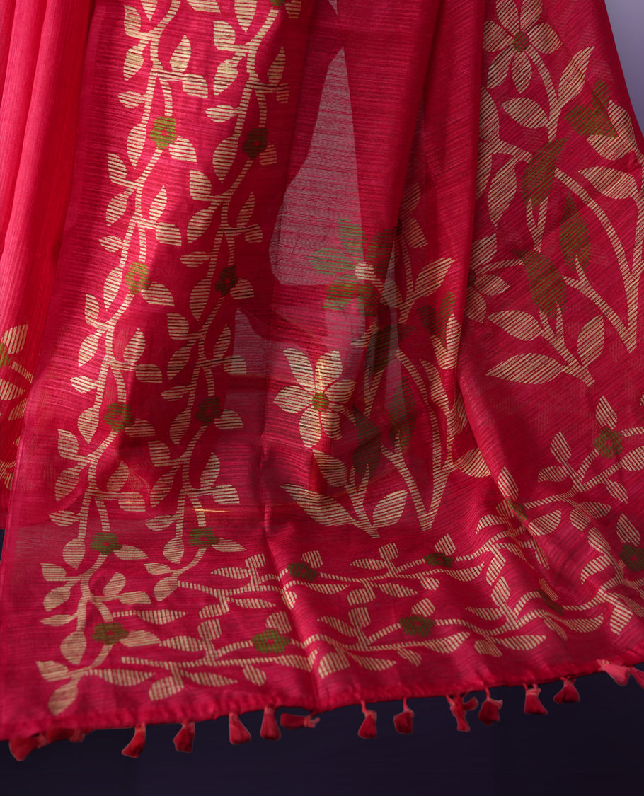 Magenta colour saree with elegant beige & green colour leaf & flower work and subtle texture & Paired with a matching blouse, its perfect for festive events, receptions, or traditional gatherings with a touch of grace.