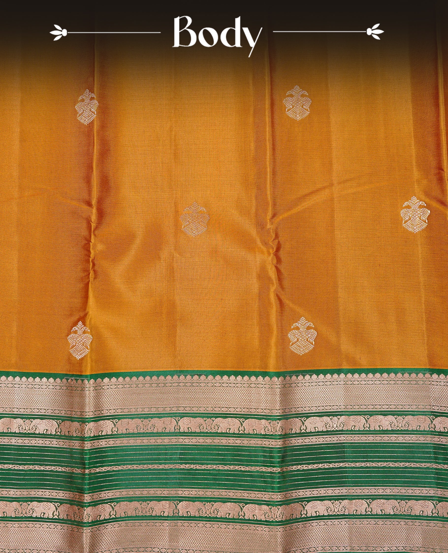 Mustard Colour Kancheepuram silk saree featuring gold zari motifs on body, highlighting Gold zari Elephant Traditional On contrast Green border, paired with Matching blouse piece.