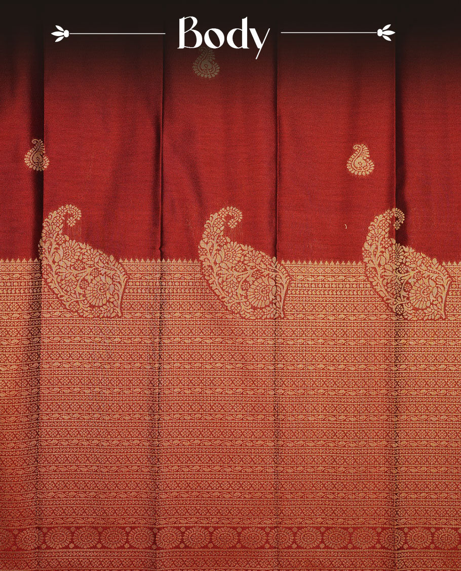 Saffron red colour soft silk saree featuring Gold zari motifs on body, complemented by self colour with traditional border, paired with matching blouse piece.