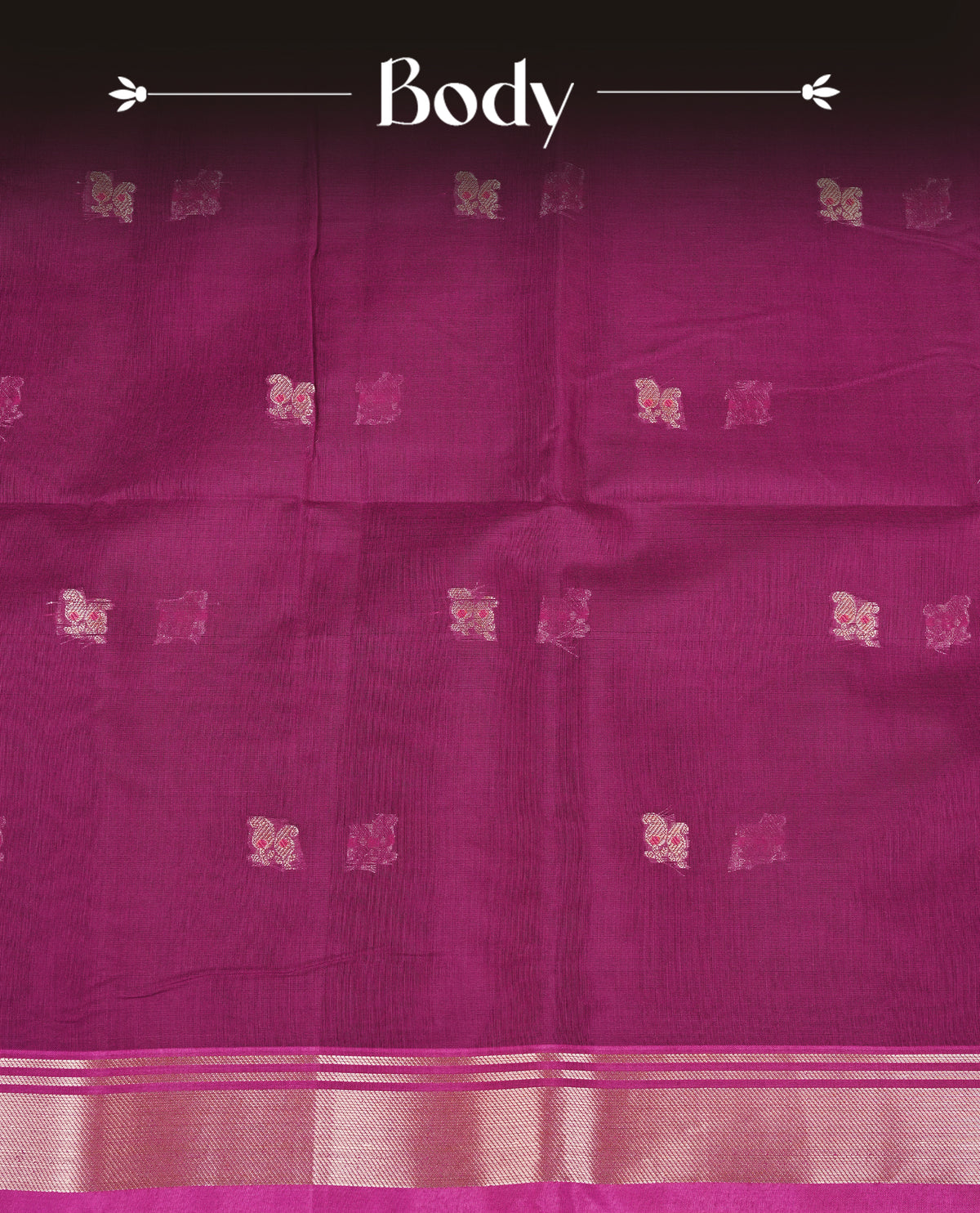 Dark magenta colour Maheshwari cotton saree, gold zari floral motifs on body, complement self colour gold zari border comes with matching blouse.