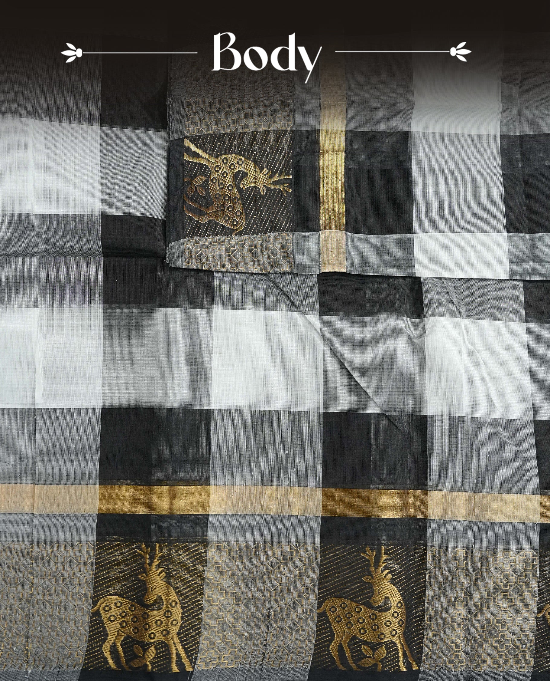 Black & White colour chettinad cotton saree featuring check pattern on body, complemented by Self Colour with gold zari border, comes with matching blouse piece.