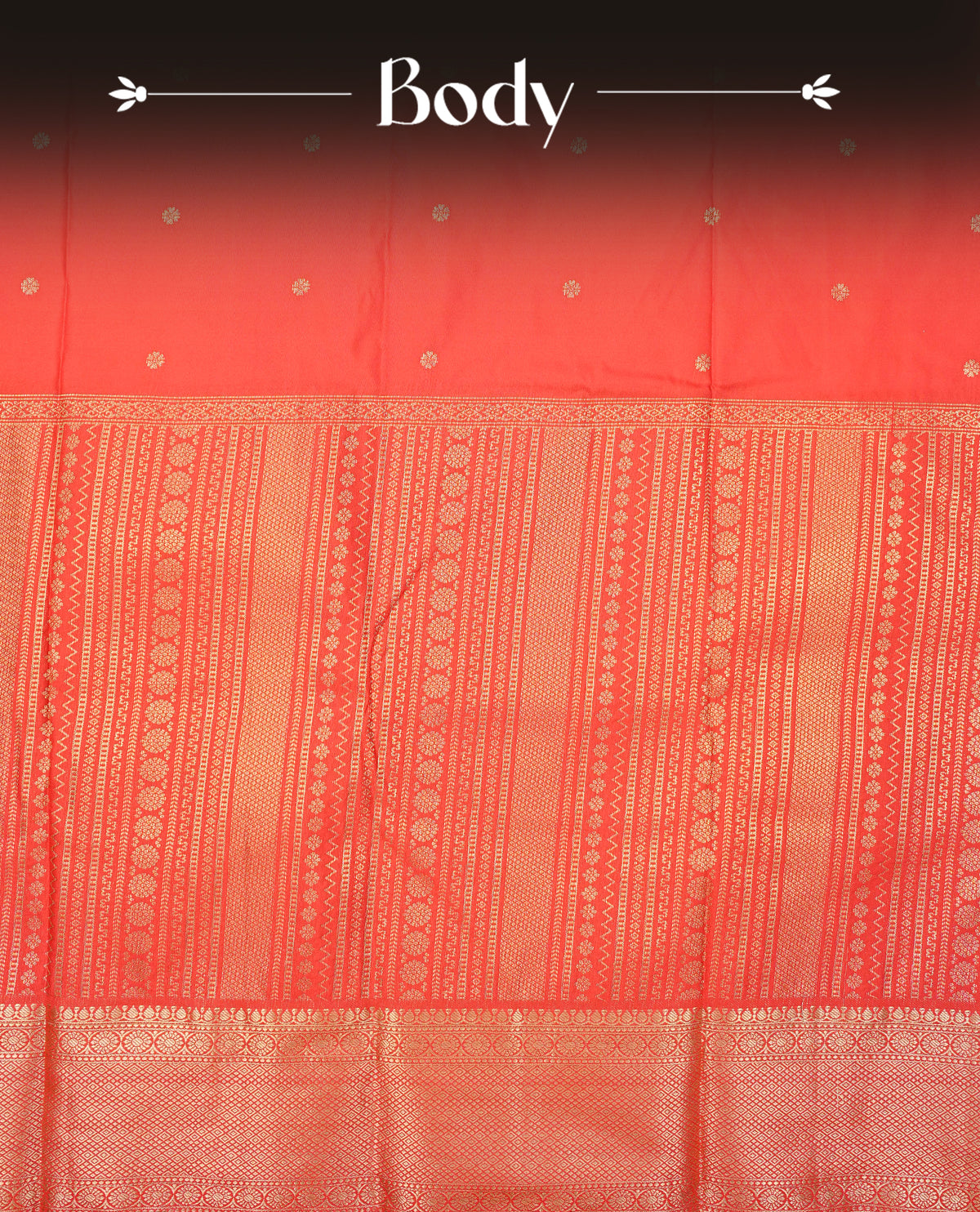 Red colour semi wedding saree featuring light gold zari floral buttas across the body, complemented by self colour with traditional border. Comes with a matching blouse piece.