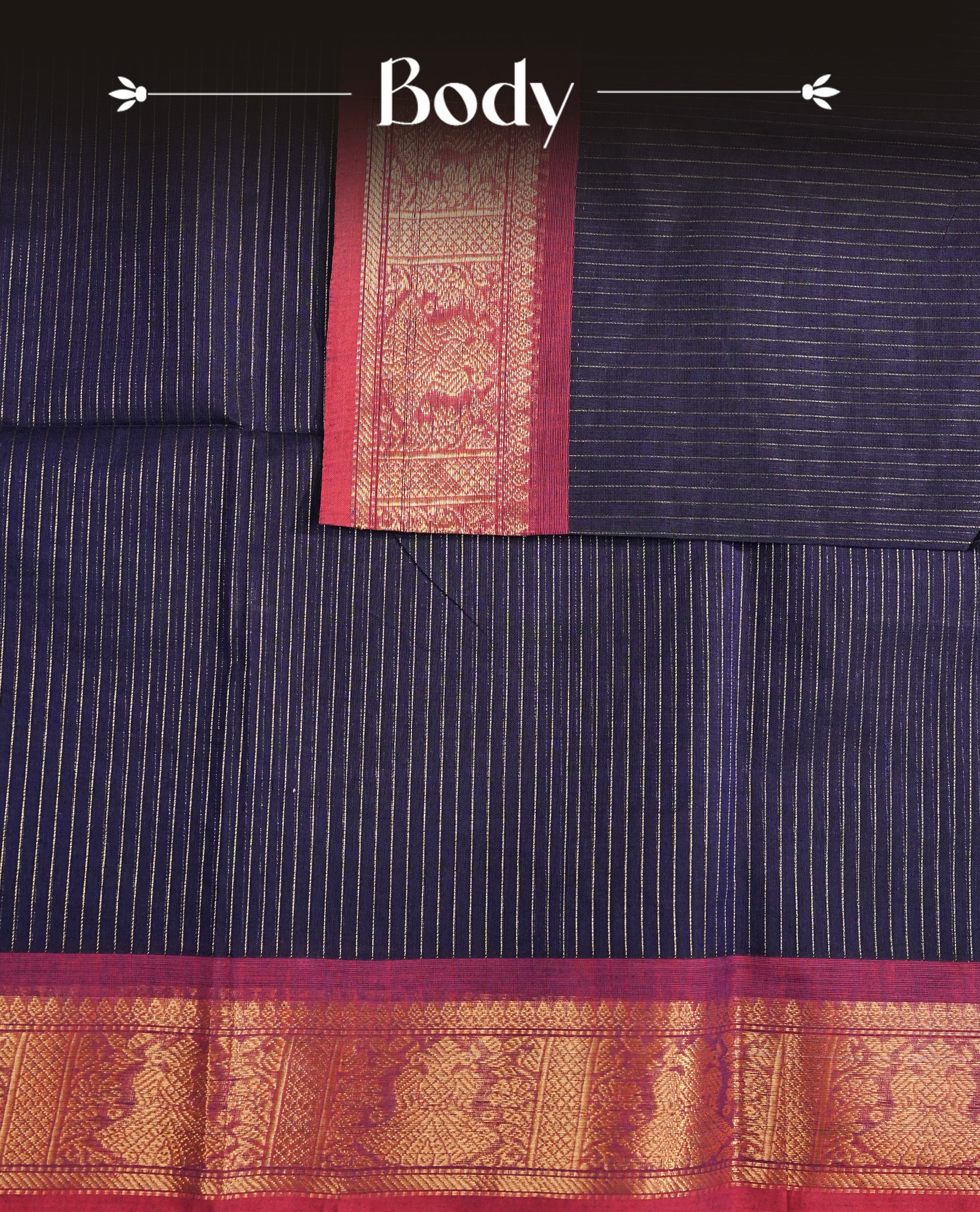 Navy blue colour chettinad cotton saree Featuring Gold zari Strips on body, complemented by contrast Magenta colour with zari border, comes with matching blouse piece.