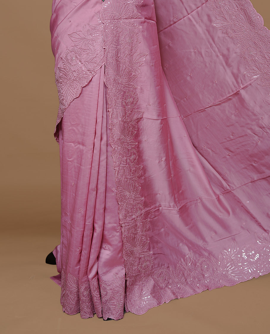 Pastel Pink colour Designer saree featuring Elegant Thread & sequins on body, complemented self colour thread & Sequins scalp border, paired with matching blouse piece.