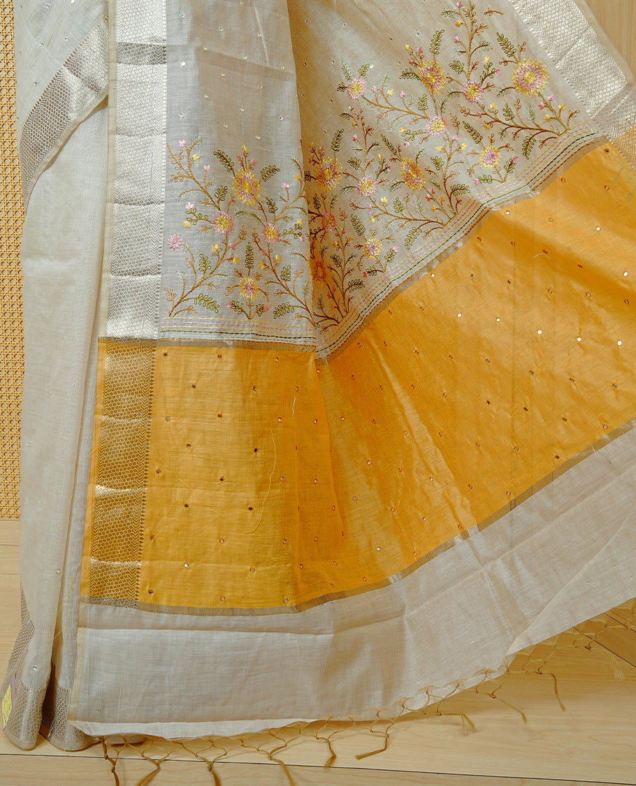 Cream Colour Tussar Kerala Saree Featuring Elegant Mirror Work on the Body, Enhanced with a Light Gold Zari Border, Floral Thread Work, and a Yellow & Gold Zari Pallu, Paired with a Matching Blouse Piece