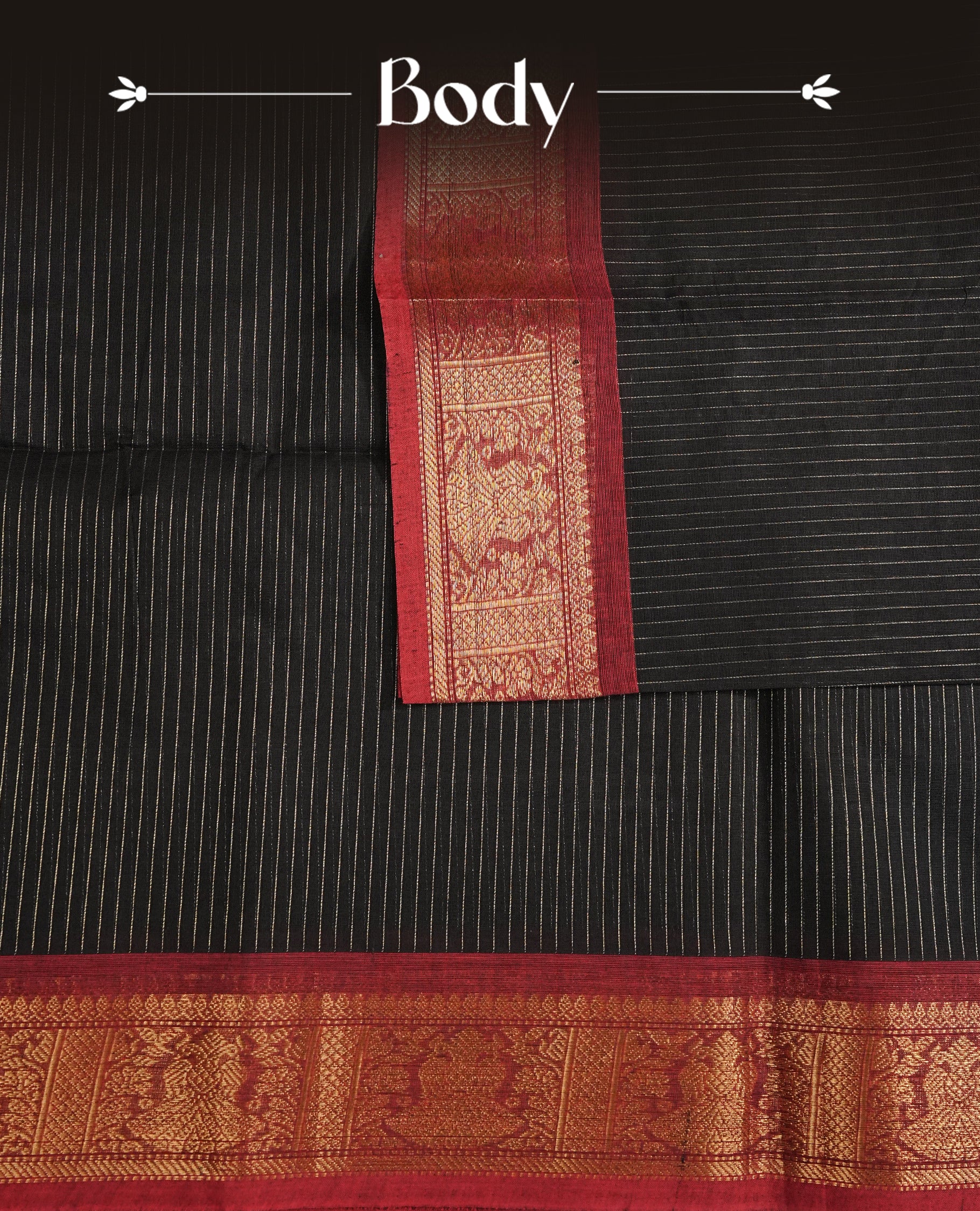 Black colour chettinad cotton saree Featuring Gold zari Strips on body, complemented by contrast Maroon colour with zari border, comes with matching blouse piece.