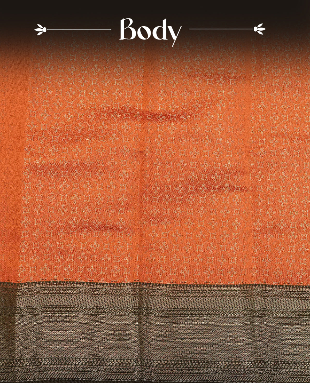 Rust orange colour semi silk saree featuring gold zari circle patterns on body, contrast olive green colour with traditional border on body, grand pallu comes with matching blouse piece