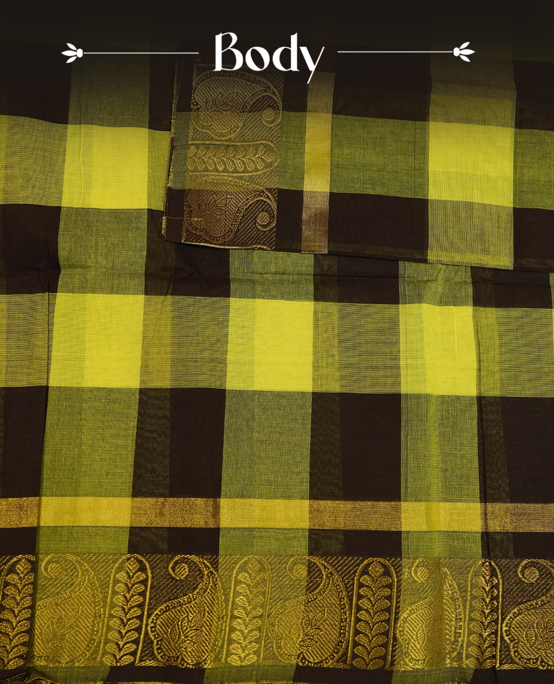 Lemon & Purple colour chettinad cotton saree featuring check pattern on body, complemented by Self Colour with gold zari border, comes with matching blouse piece.