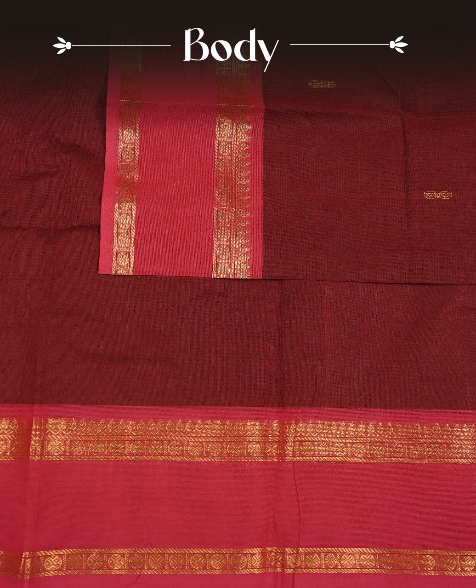 Redish brown colour chettinad cotton saree featuring gold zari motifs on body, Contrast magenta colour with Gold zari border, comes with matching blouse piece.