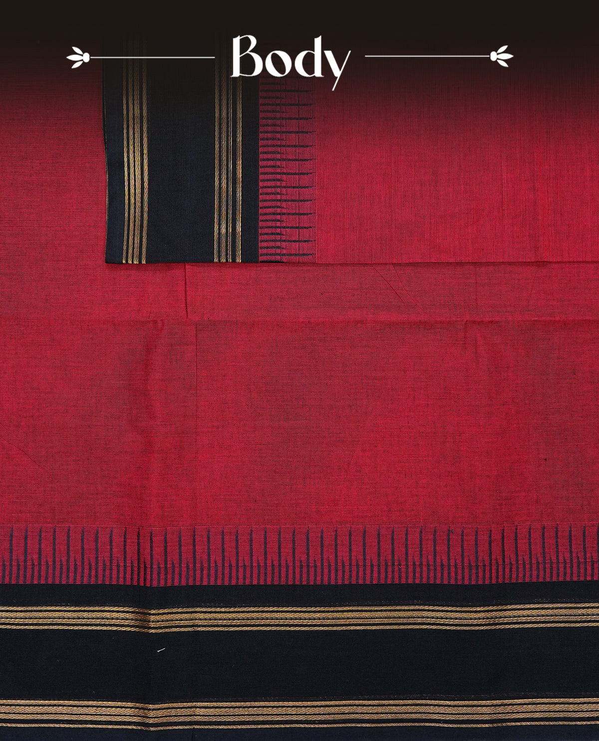 Brick Red Colour Chettinad cotton saree featuring Pain body , complemented by a classic black contrast border adorned with elegant gold zari stripes and a matching striped pallu, paired with a matching blouse piece.