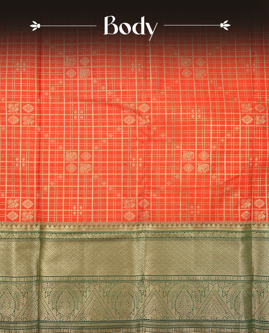 Rust orange colour semi wedding saree featuring gold zari check with peacocok motifs on body complemented by contrast green colour with traditional border, comes with macthing blouse piece.