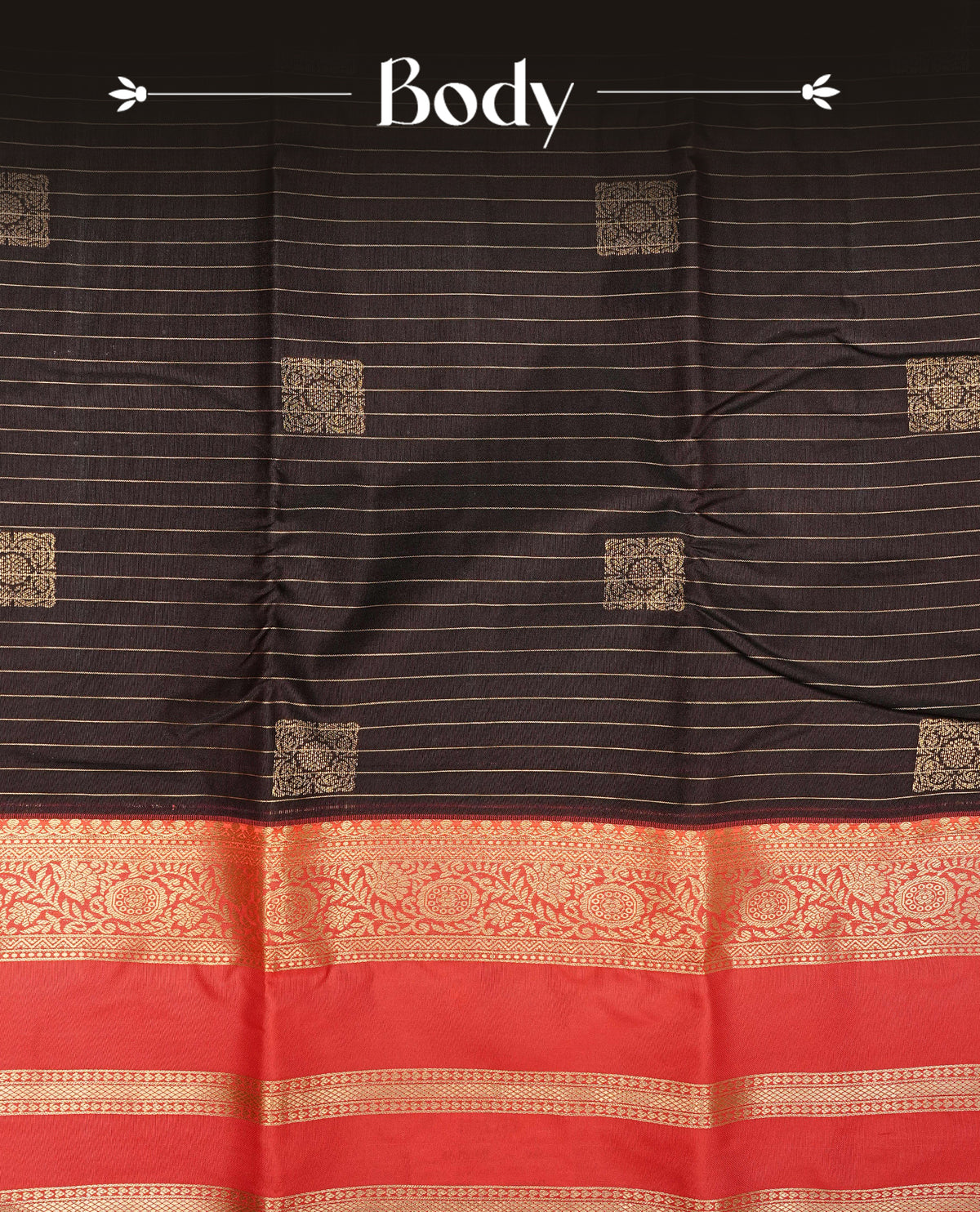 Dark chocolate colour semi wedding silk saree featuring gold zari stripes with box on body, contrast red colour with gold zari traditional border on body, rich pallu comes with matching blouse piece