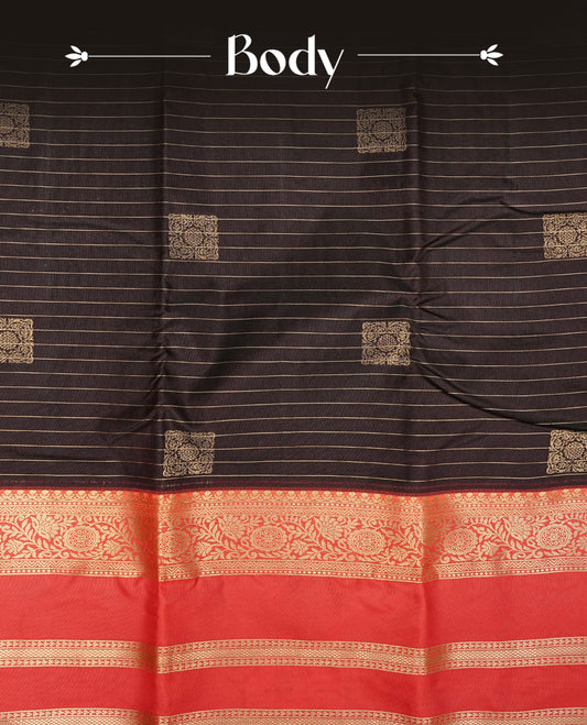 Dark chocolate colour semi wedding silk saree featuring gold zari stripes with box on body, contrast red colour with gold zari traditional border on body, rich pallu comes with matching blouse piece