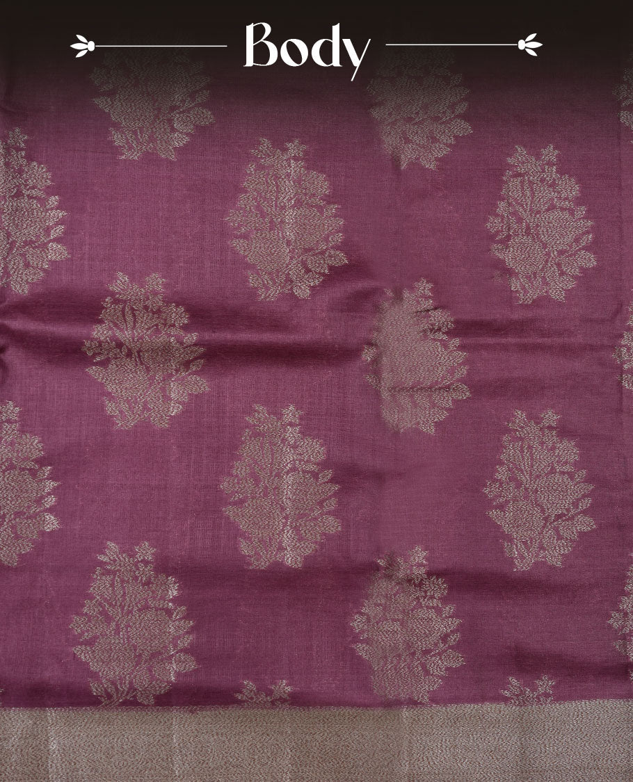 Mauve colour pure banaras tusser silk saree highlighting antique zari pattern across body, with contrast cream colour with zari border and paired with matching blouse