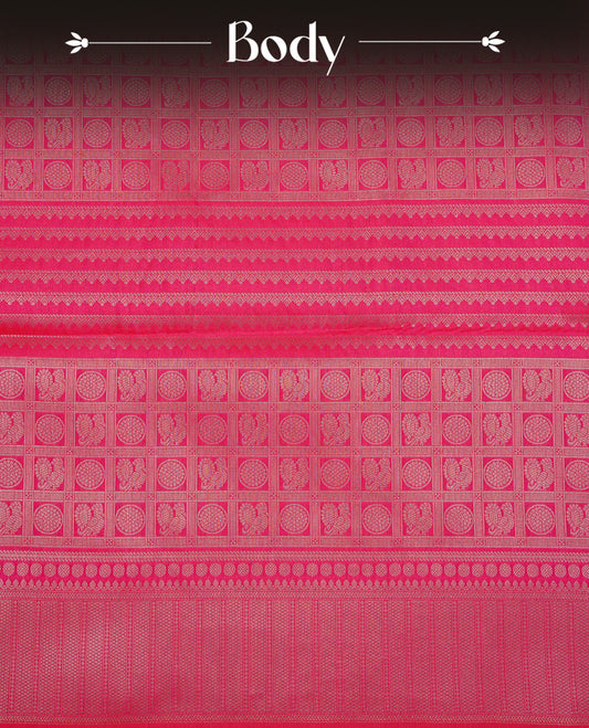 Magenta color Semi Soft Silk Saree Featuring Gold Zari Checks With Delicate Motifs And Stripes Across The Body, Enhanced With A Self Coloured Gold Zari Border, And Paired With A Matching Blouse Piece.