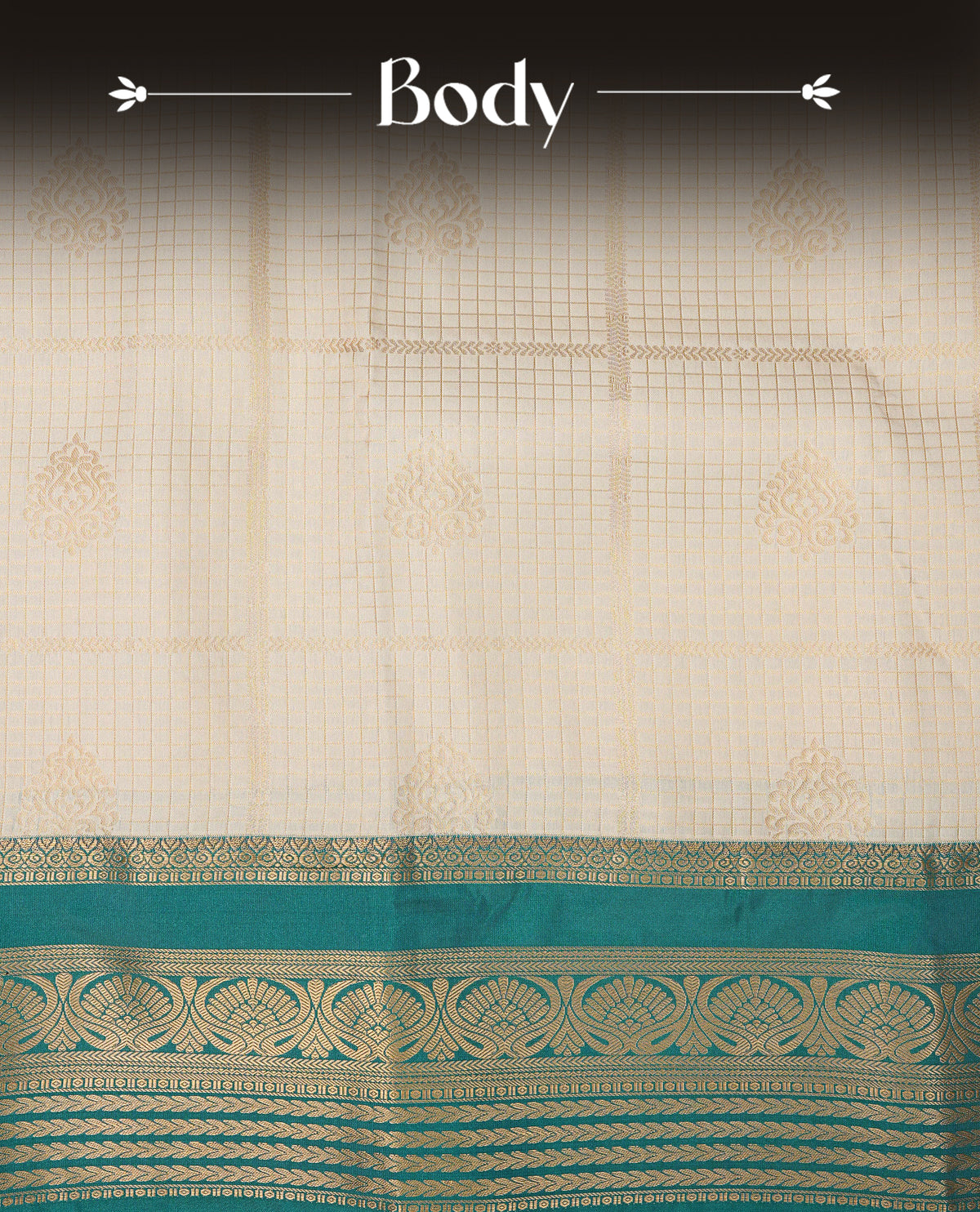 Cream colour semi wedding silk saree featuring gold zari checks with motifs on body,contrast teal green colour with traditional border on body, rich pallu comes with matching blouse piece