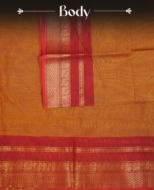 Mustard Yellow Colour Chettinad Cotton Saree Featuring a Plain Body, Complemented by a Red Colour Border with Gold Zari and a Contrast Striped Pallu, Paired with a Matching Blouse Piece.