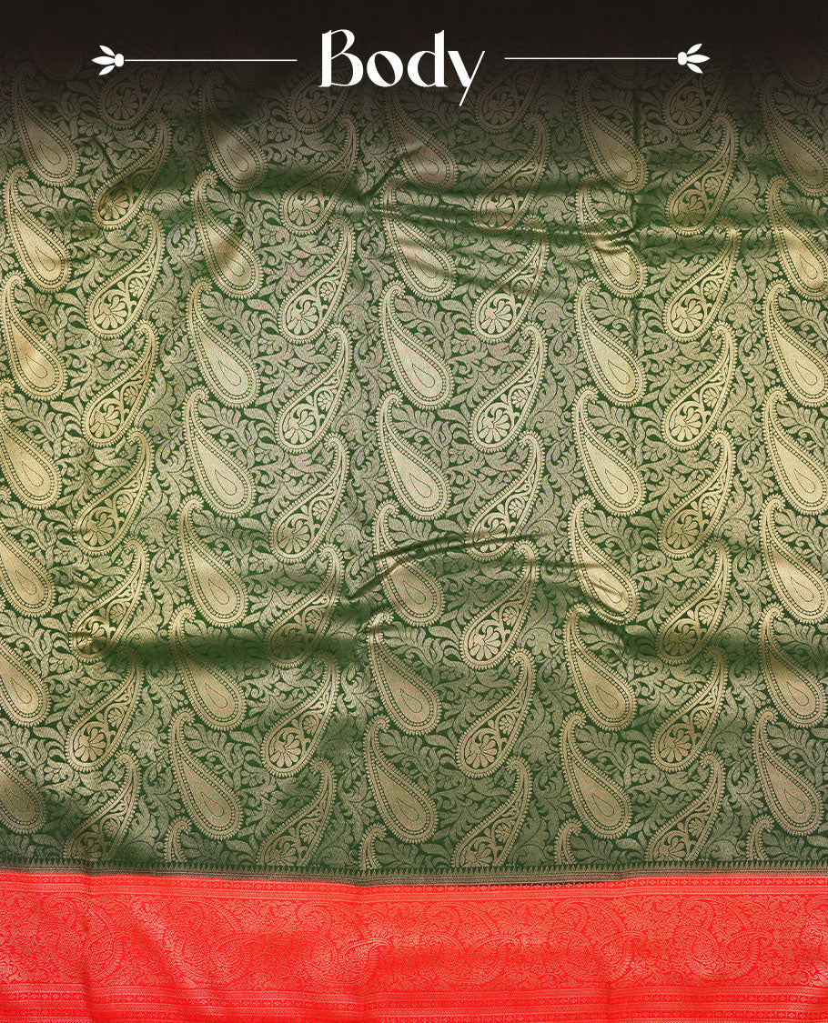 Green colour semi silk brocade saree featuring intricate Gold Floral kodi & leaf patterns across the body, complemented by a contrast red colour woven border and pallu, paired with a matching blouse.