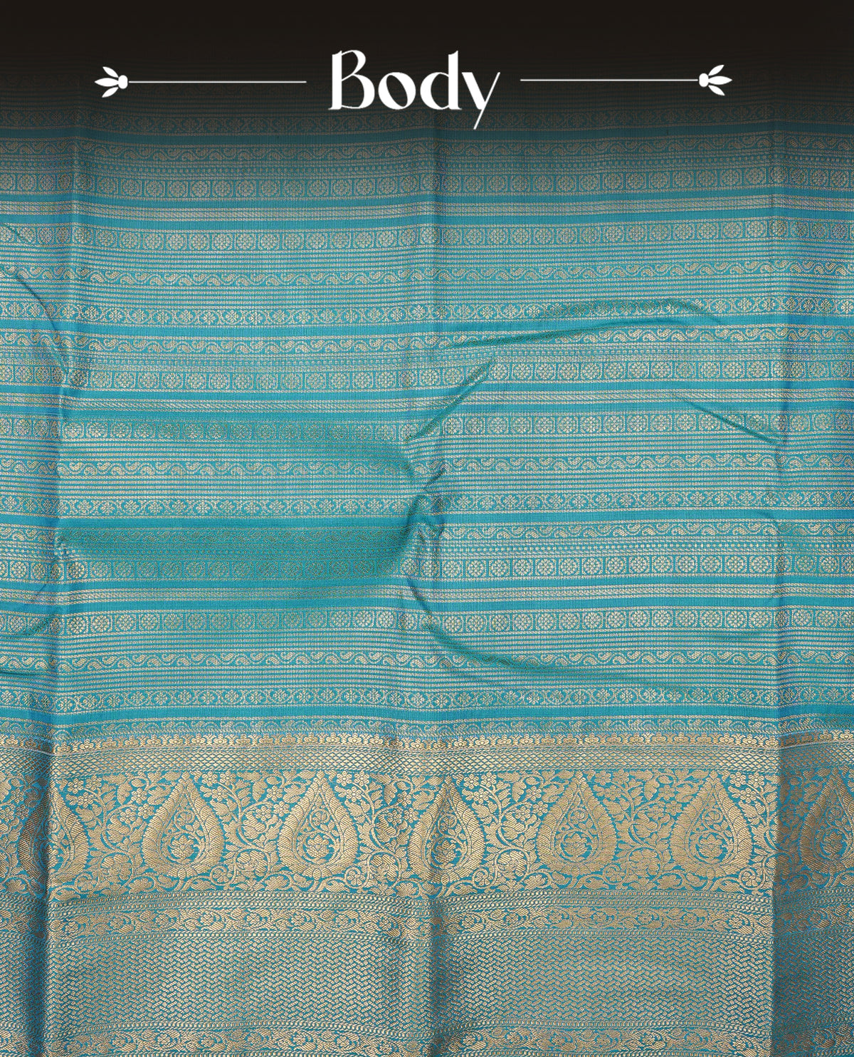 Blue colour semi wedding saree featuring light gold zari wave pattern motifs across the body, complemented by contrast self colour traditional border. Comes with a matching blouse piece.