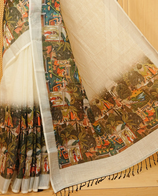 Off white Semi Linen Saree featuring One side Olive green Indian Cultural Painting print, silver tissue border, comes with Matching blouse piece with same unique Pattern.