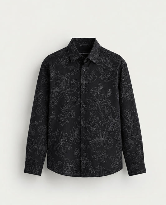 Black colour shirt with white pattern on body, Full sleeve.