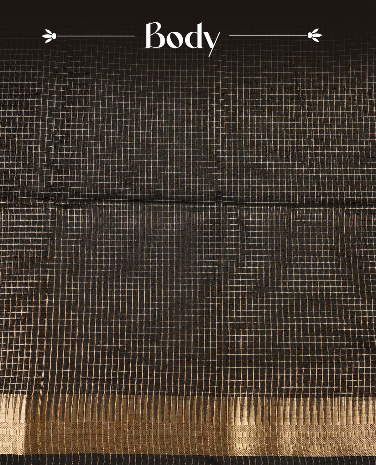 Black colour Maheshwari cotton saree, gold zari small checks on body, complement self colour gold zari temple design border comes with matching blouse.
