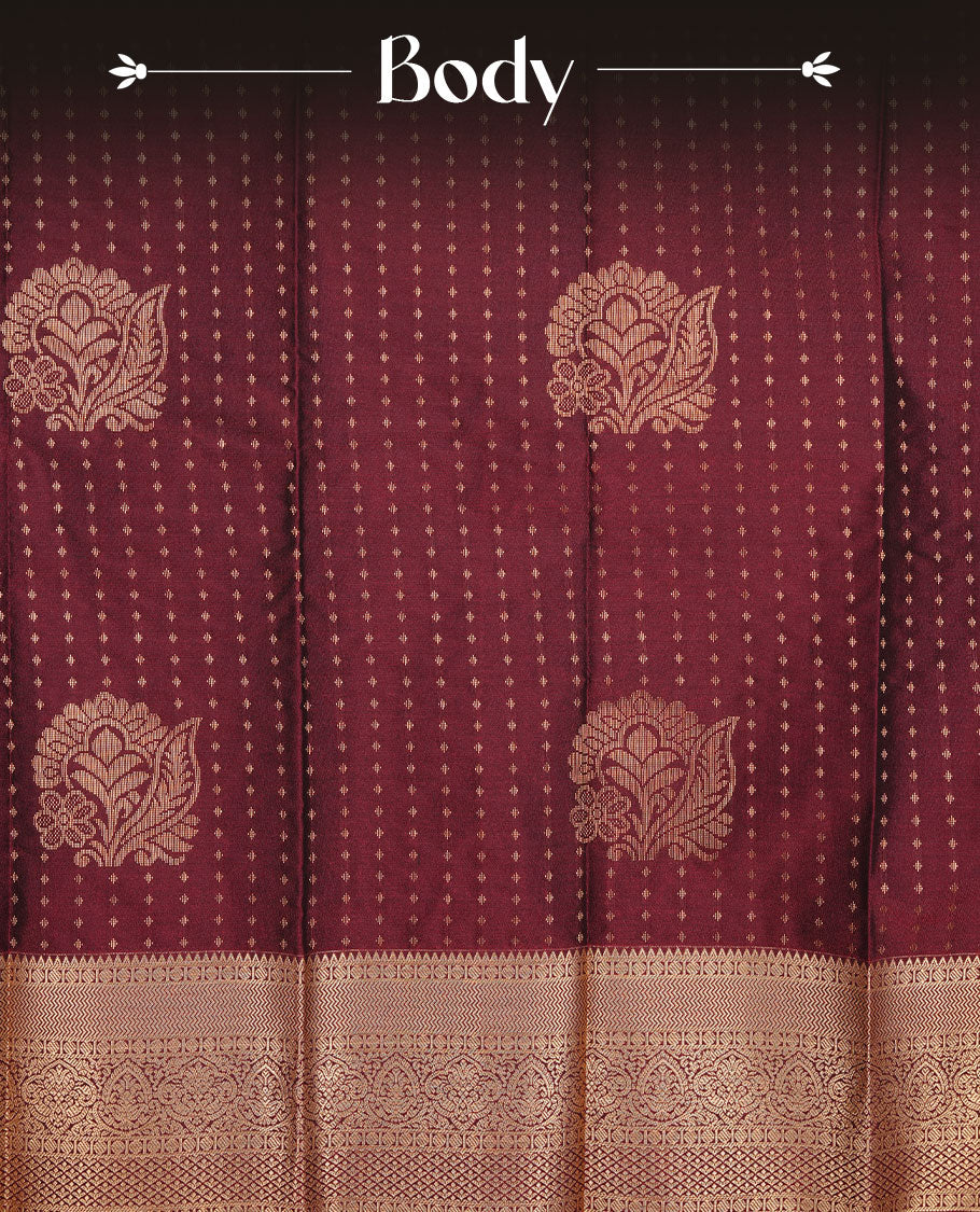 Brown colour soft silk saree featuring Gold zari dotted stripes & motifs on body, complemented by self colour with traditional border, paired with matching blouse piece.